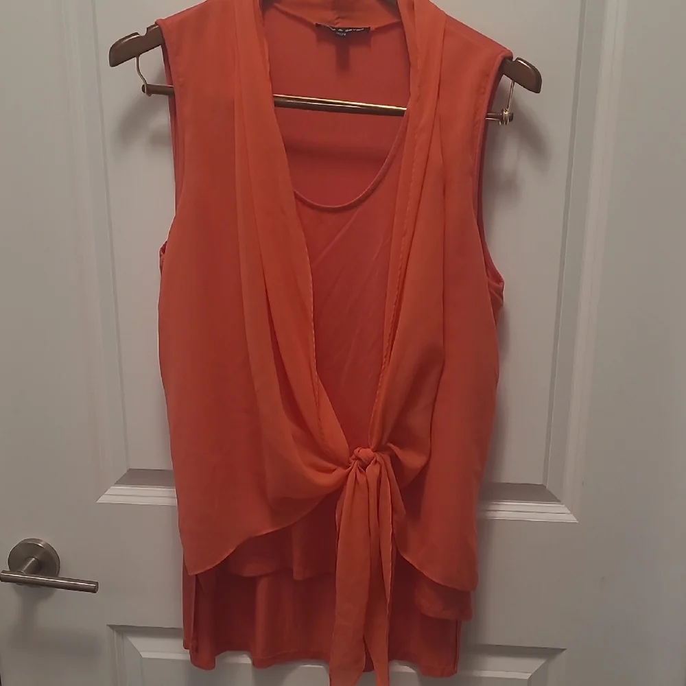Cable & Gauge Vibrant Orange/Coral Tie-Front Blouse - Picture 1 of 2